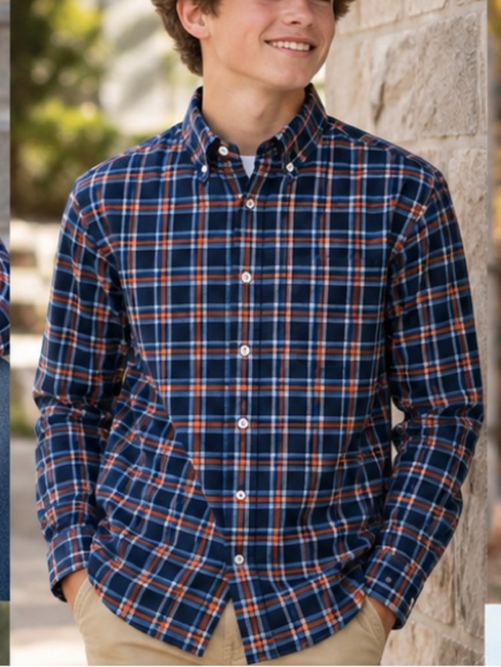 Crewcuts Navy, Orange & White Plaid Button-Down Shirt